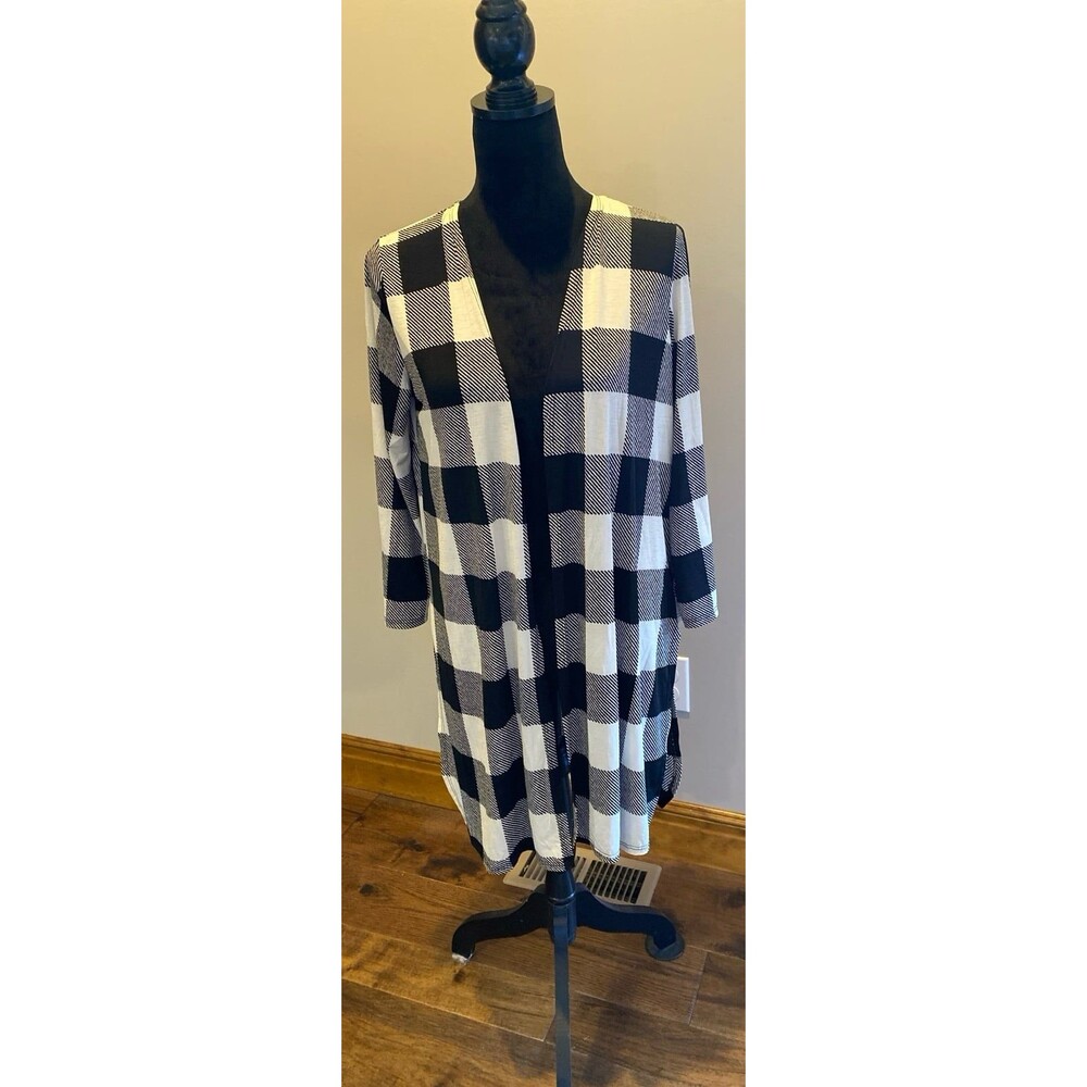 Heimish USA Jacket Shrug Large Black & White Buffalo Plaid Open Front Side Slits